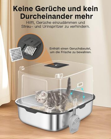 Котячий туалет з нержавіючої сталі Papettly XXL з кришкою, 30 л, знімний високий бортик, килимок для наповнювача, легке очищення, 58x42x40 см