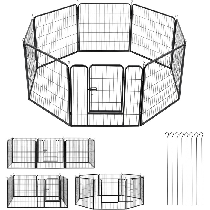 Вольєр для цуценят Juskys Plus 160x160x80 см, 8 секцій, металевий, з дверима, для собак, кроликів і дрібних тварин