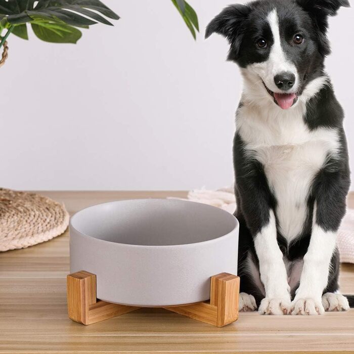 Миска для собак з кераміки з бамбуковим тримачем, сірого кольору, 20,5 см