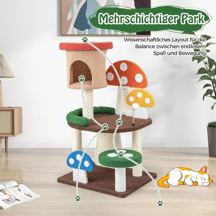 Дерев'яний кігтечка для котів COSTWAY з печериною, сизалевим покриттям та іграшкою, 59x48x102 см, кольоровий