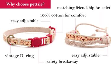 Набір ошийник та браслет для котів Pettsie, безпечний дизайн, бавовна, регульований розмір 19-29 см (12,7-20,3 см), червоний