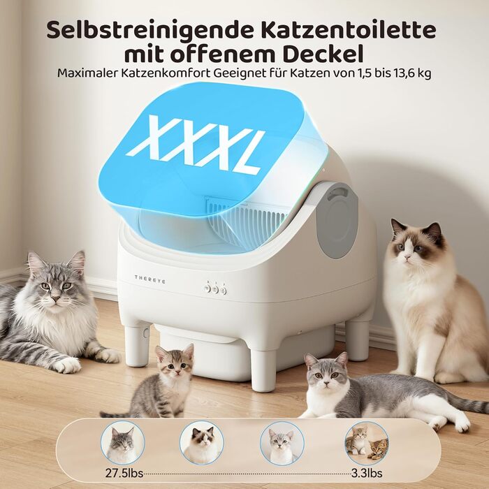 Автоматичний лоток для котів Thereye з самоочищенням, датчиком безпеки та мобільним додатком, тихий дизайн, видалення запаху, для котів вагою 1,5-12,5 кг, захист від защемлення, 14 днів відходів