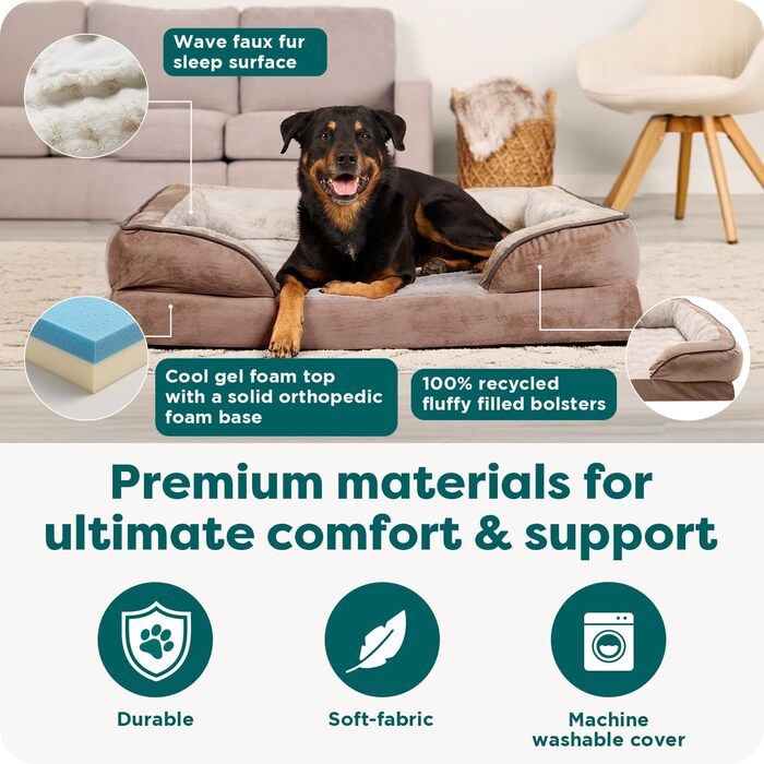Крісло-ліжко для собак великих порід Furhaven з піною з пам'яті, знімний, пральний чохол, до 81,6 кг, ультра м'яке штучне хутро та люкс велюр, контурний матрац, XXXL (піна з охолоджуючого гелю), 102 x 81 x 24 см, хвилястий велюр, колір: коричневий камінь.