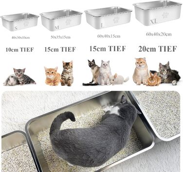 Великий металевий туалет для котів PTLOM 50x35x15 см, нержавіюча сталь, антипригарне покриття, захист від бризок, для великих і малих котів та кроликів