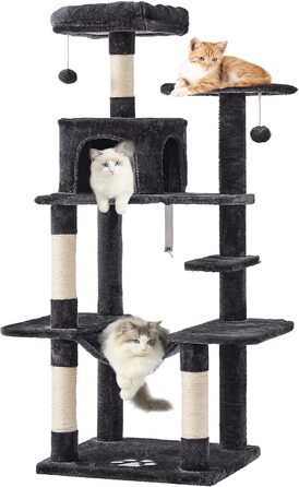 Кігтеточка для котів MSmask велика, 150 см, сіра, з 2 платформами, 2 будиночками, гамаком та сизалевими стовпчиками
