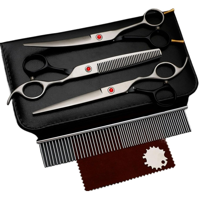 Набір професійних ножиць для собак та котів 4-в-1, з витончувальними ножицями, гребінцем, з нержавіючої сталі 440C
