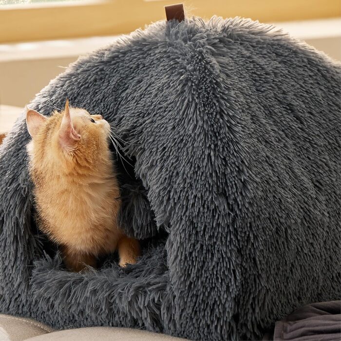 Ліжко для котів BEDSURE велике, 40x40x40 см, сіре, з подушкою та іграшкою, миється