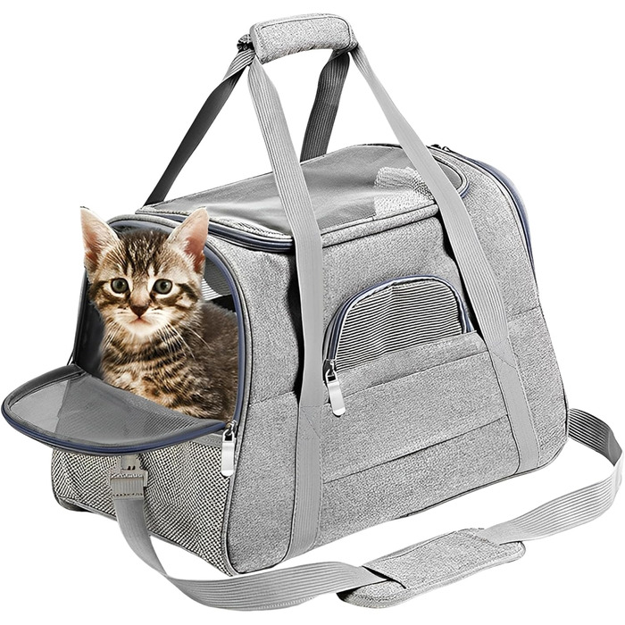 Транспортна сумка для тварин, сіра, 44x25x28 см, з плюшевою подушкою, переноска для кота/собаки, портативна, на блискавці
