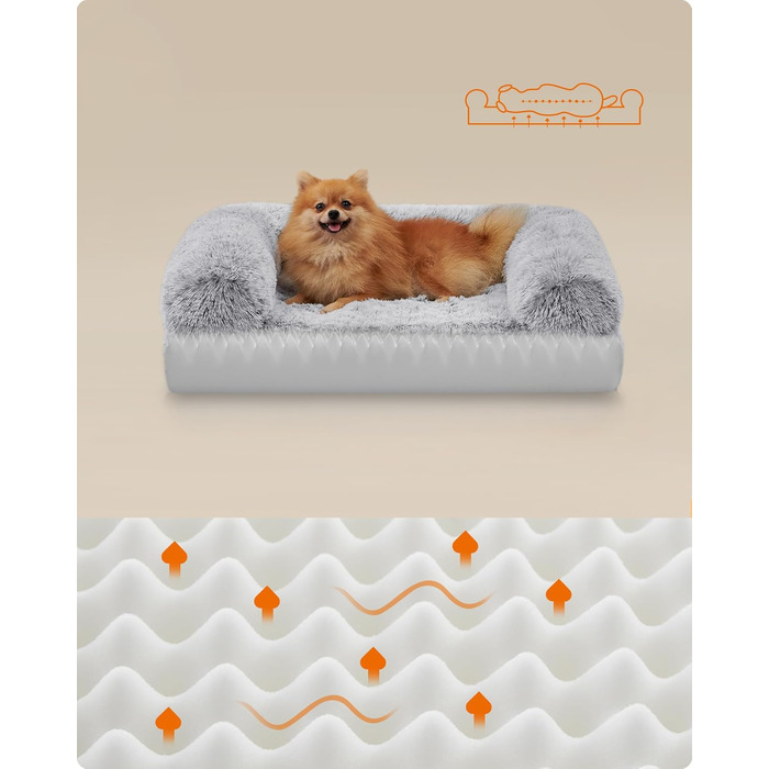 Ліжко для собак Feandrea FluffyHug, ортопедичне, середній розмір, знімний і праний чохол, піна, для малих порід, 76x58x23 см, сіре