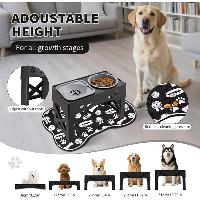 Набір мисок для собак та котів 3-в-1 з регулюванням висоти, антиковзною підкладкою та захистом від розливання, 2 шт. по 1000 мл, нержавіюча сталь, для собак та котів всіх розмірів