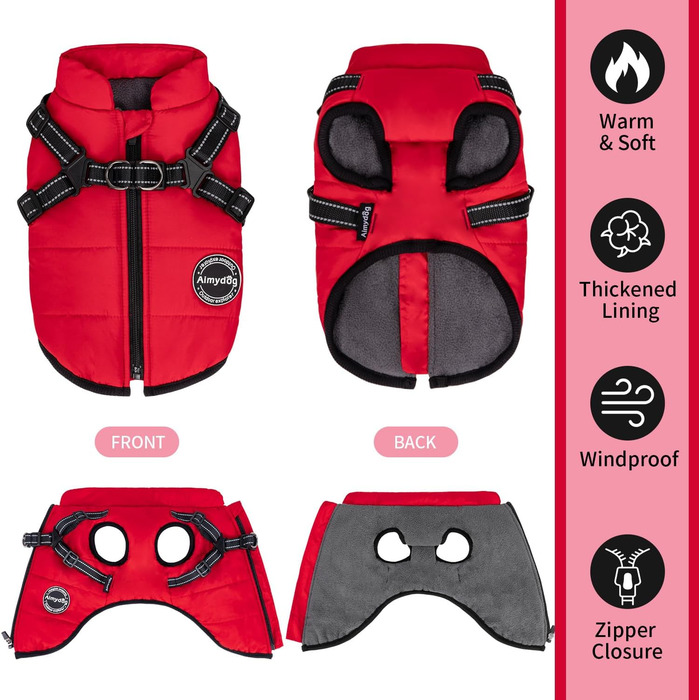 Зимовий теплий одяг для собак - куртка з нагрудником та захистом від вітру, для активних прогулянок на вулиці, світловідбиваюча жилетка з флісовою підкладкою, для маленьких собак (Червоний, XL)