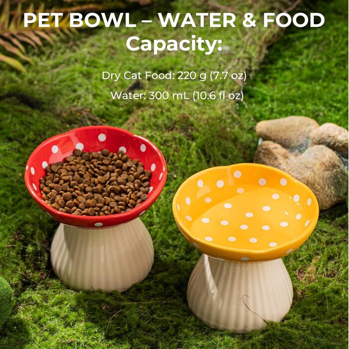 Підвищений годівниця для котів, керамічна миска у формі гриба, широка та плоска миска для котів на підставці, миска для котів, що запобігає блювоті, миска для кошенят та літніх котів (червона)