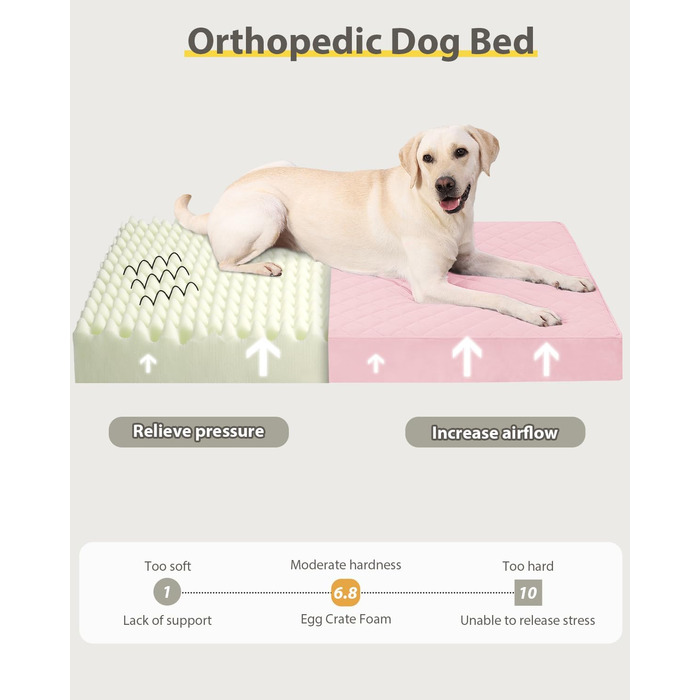 Ортопедичні лежанки для собак великих порід, водовідштовхувальні, знімний, пральний чохол та антиковзаюча підкладка, стегане ліжко для собаки, 119 x 73 см, рожевий колір