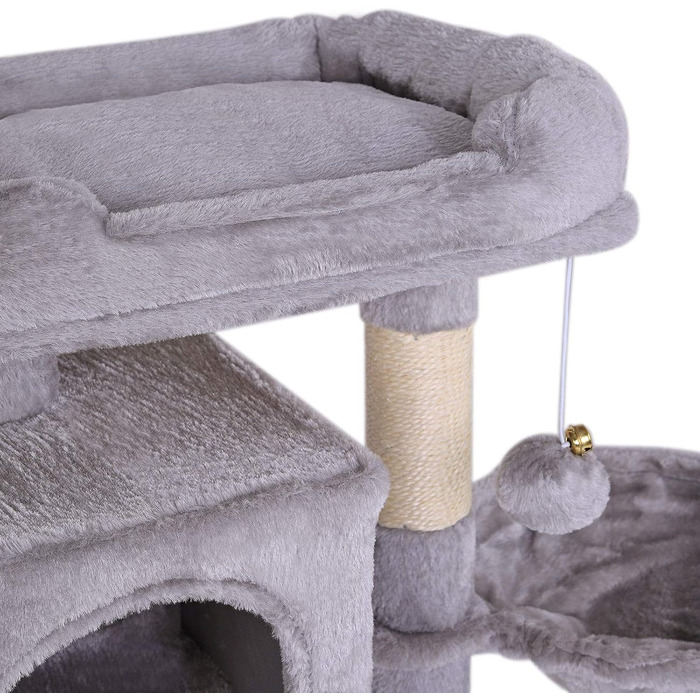 Кігтеточка для котів Lionto з м'ячиком та дзвіночком, висота 70 см, з сизалю та плюшу, зручна лежанка та печери, підходить для маленьких та великих котів, сірого кольору