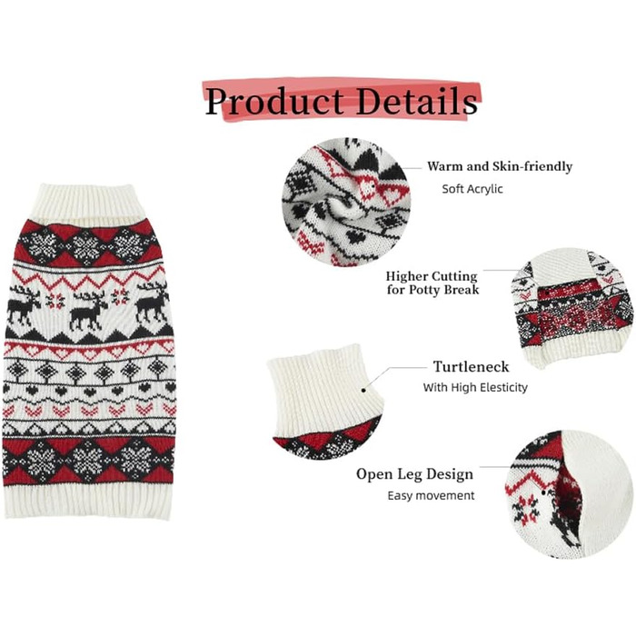 Вогняний святковий свитер для собак у стилі вінтаж з рейндером, червоно-білий, X-Large (XL), довжина спини 50.8 см, 1 шт.