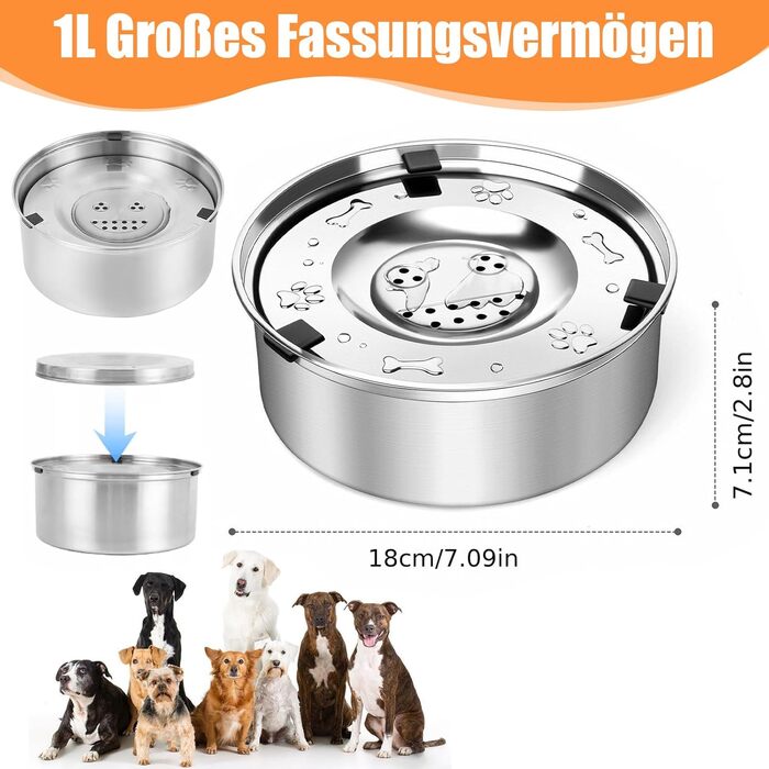 Миска для собак без розливання, нержавіюча сталь, плаваюча годівниця, протиковзаюче дно, для цуценят та кошенят, 1л