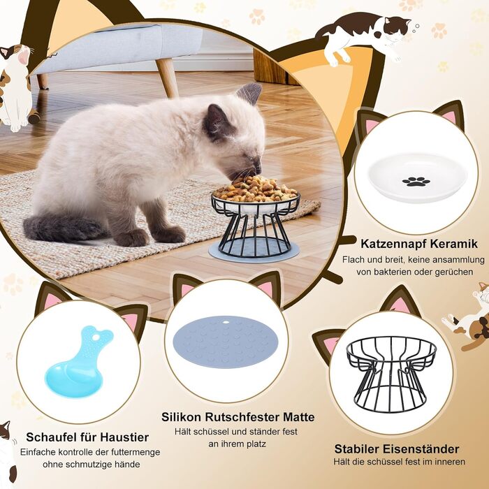 Набір мисок для котів з кераміки з металевим підставкою (2 шт.) - підняті миски для годування котів, неслизькі миски, сучасний дизайн