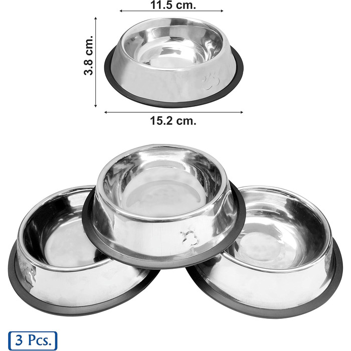 Набори мисок для котів VORX з нержавіючої сталі з антиковзким гумовим дном, 15 см, 3 шт.