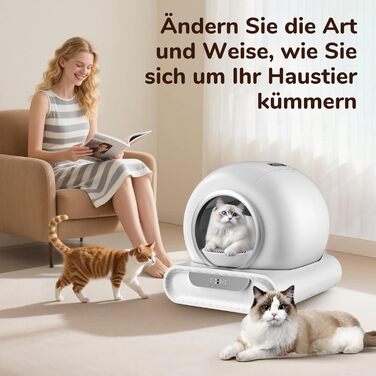 Автоматичний лоток для котів XXL 68л з самоочищенням, низький вхід, керування через додаток, датчик безпеки, для кількох котів