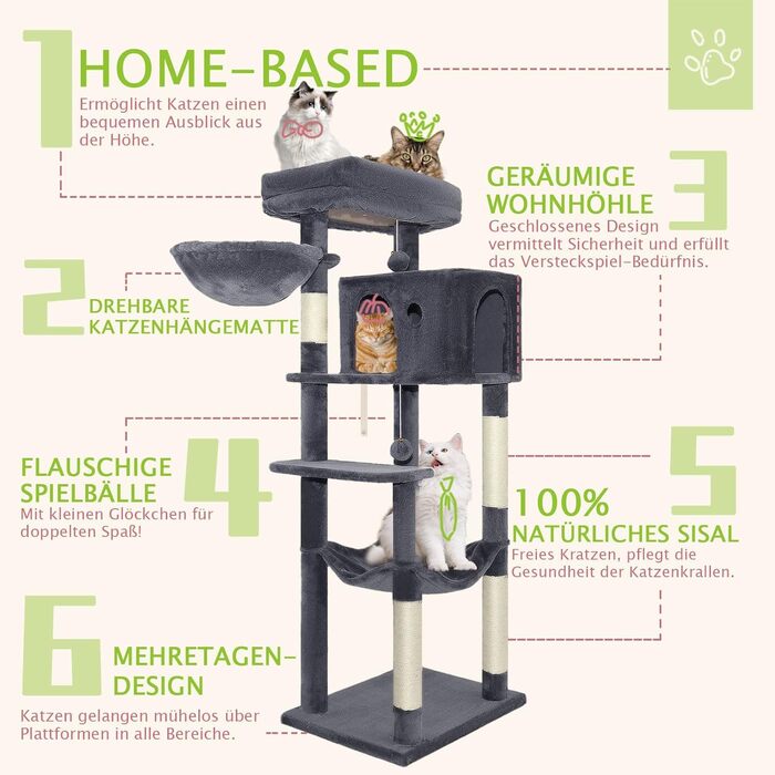 Котячий комплекс LEEJARD XXL: великий дерев'яний будиночок для котів з платформами, когтеточками, будиночком, гамаком, іграшками та захистом від перекидання (148 см, темно-сірий)