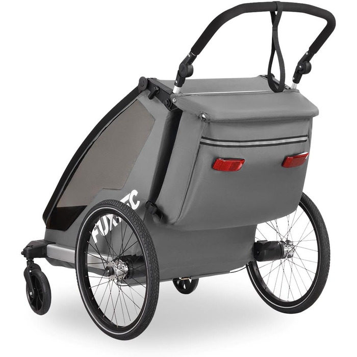 Фуктек Причіп для велосипеда Sportfux на 2 місця, сірий, з сумкою, відбивачами, ручкою-штовхачем, захистом від дощу та сонця, складний