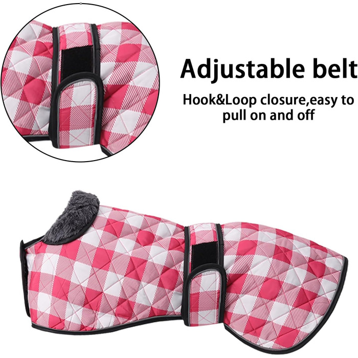 Водонепроникний собачий дощовик Geyecete для венгерських доберманів, віндхаундів та інших, з флісовою підкладкою, регульований, теплий, в клітинку рожевого кольору, розмір S (довжина спини 51-53 см) / L (довжина спини 61-64 см)