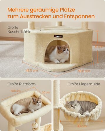 Дряпка для котів Feandrea, кігтеточка з великою затишною печерою, платформами, м'ячиками та лежанкою, 48,5 x 48,5 x 140,7 см, бежевий PCT009Y01