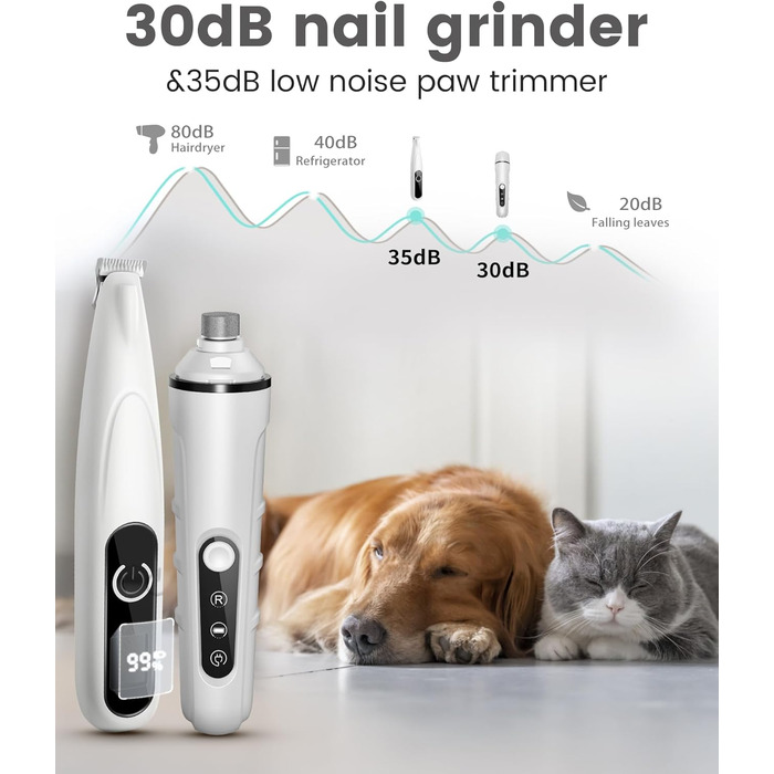 PAPMINI 2-в-1 триммер для когтів та стрижка когтів для собак, безшумний, акумуляторний, для великих, середніх та маленьких собак, білий