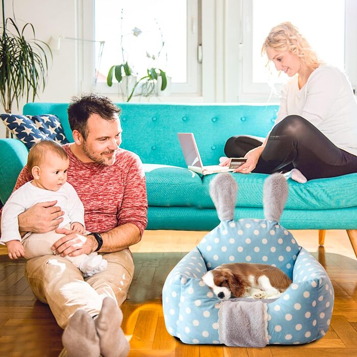 Крісло-лежанка для котів та собак PETCUTE, м'яке ліжко для тварин з приємним дизайном, миється, підходить для кроликів, блакитний колір (S, у крапочку)