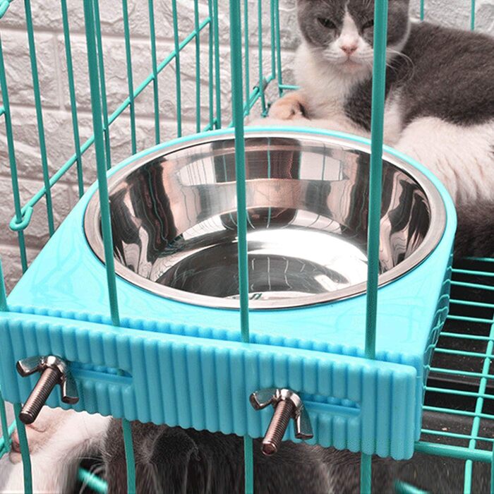 Набір мисок для корму для клітки, підвісні, знімні, з нержавіючої сталі, для собак, котів, дрібних тварин, блакитні, з гофрованим затискачем