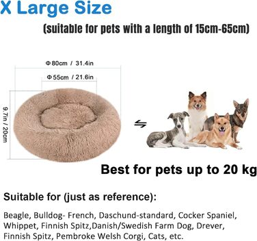 Зручне заспокійливе ліжко для собак, велике, миється, Anti-Angst, ліжко-подушка Donut, розкішне, тепле, м'яке, покращений сон, дивовижне ліжко для котів, затишне, неслизьке дно, кругле, ліжко для цуценят Ø 80cm Зовнішній діаметр (XL), Бежевий / Коричневий