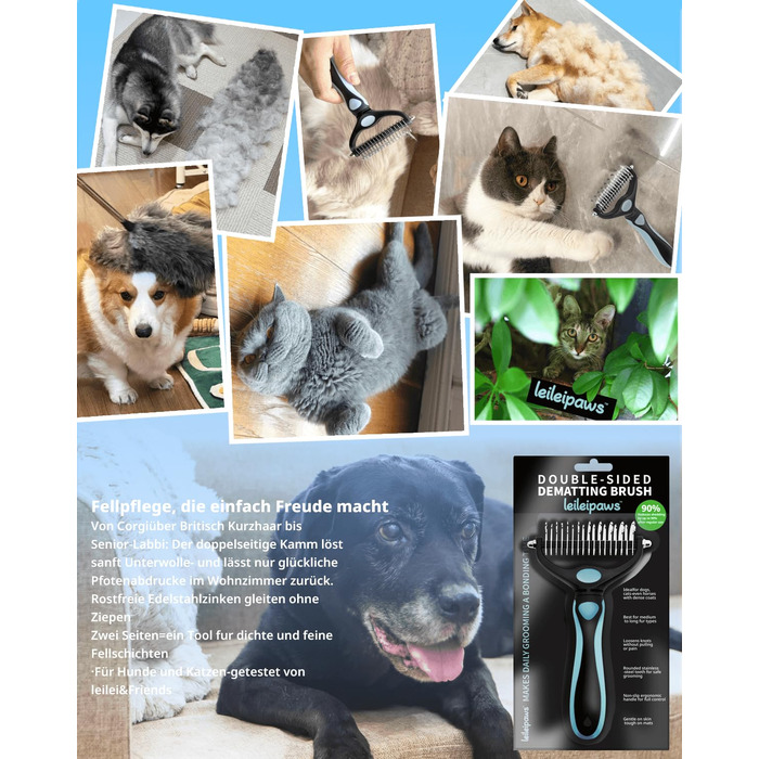 Гребінець для собак та котів проти вичісування – ергономічна ручка, міцний, 17/9 зубців, видаляє ковтуни та підшерстя, дешадінг-щітка для довгошерстих та короткошерстих порід (Синьо-чорний)