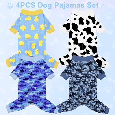 Піжама для собак Bienbee, комплект з 4 шт., розмір 3XL. М'яка, дихаюча, зручна, для цуценят та дорослих собак, великий вибір принтів (гусак, корова, блакитні акули, камуфляж)