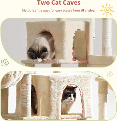 Котячий будиночок Hey-brother Kratzbaum з подовженою частиною, широкими платформами, затишними печерами, гамаками, сизалевими стовпчиками та м'ячиком для котів, 178 см, MPJ038W (Бежевий)