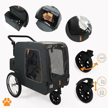 Універсальний візок для собак Chase 3-в-1 (до 30 кг) | Чорний | З дощем та з'єднувачем