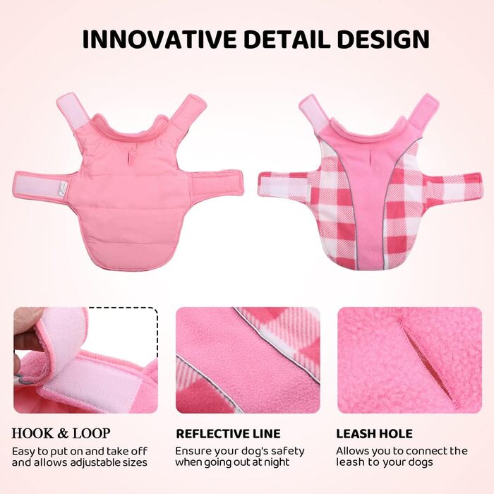Теплий зимовий одяг для собак, зимовий одяг для собак з захистом живота, зимовий одяг для собак з світловідбиваючими елементами, двосторонній одяг для собак, одяг для собак з отвором для шлейки, рожевий, M (Medium), рожевий