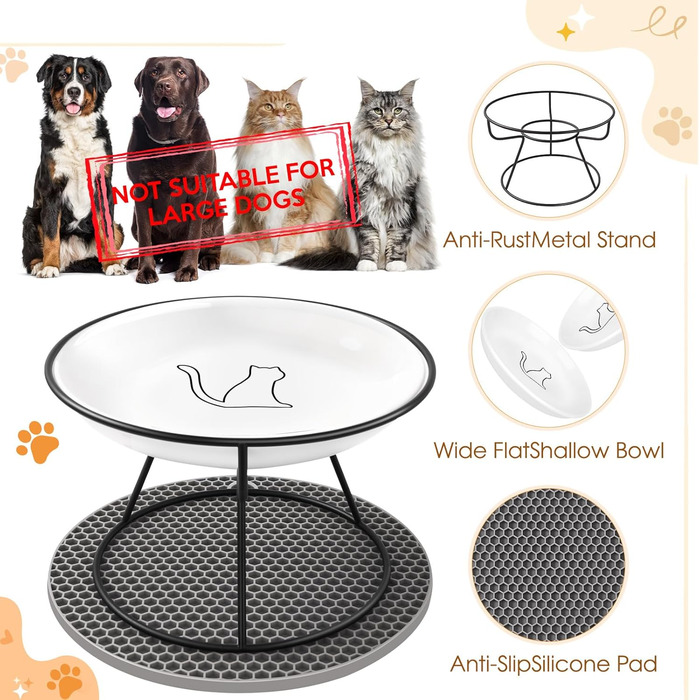 Набір мисок для котів FoiiLiio 2 шт. з кераміки з металевим підставкою, 10 см, з підставкою з силікону, чорний