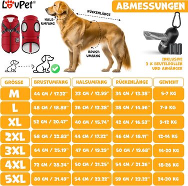 LOVPET® Тепла зимова жилетка для собак з повдком, 45 шт. кульок для прибирання + диспенсер, водонепроникна, з відбивачами, D-Ring 5XL, Бордовий