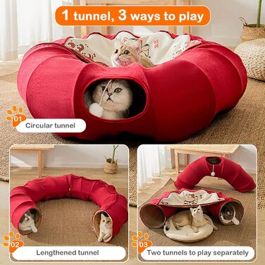 Котяче ліжко-тунель 2 в 1 ALLSOPETS, кругле, складане, іграшка-тунель для котів з підвішеними ігровими кульками, для котів, кошенят, кроликів, цуценят і дрібних тварин, червоне