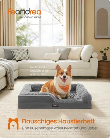 Ортопедичне ліжко для собак Feandrea середнього розміру, вологостійке, знімний плюшевий чохол, 91 x 68 x 16 см, сірий PGW252G02 L