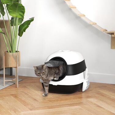 Туалет для котів PawHut з кришкою, складаний, біло-чорний, з дезодорантом, ґратами та лопаткою, просторий 52x41x38 см