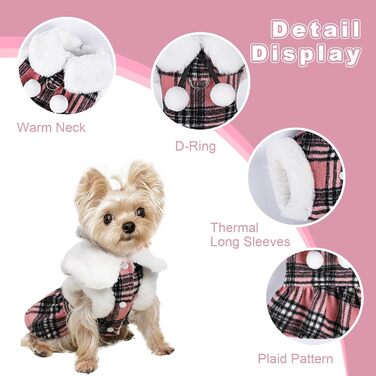 Теплий зимовий пуловер для собак, фліс, розмір XXS, для дівчаток та хлопчиків, з кільцем D, картатий, теплий одяг для маленьких собак