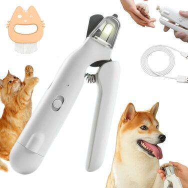 Триммер для кігтів домашніх тварин 2-в-1 з підсвічуванням, для собак та котів, безпечний, з вбудованим шліфувальником (білий)