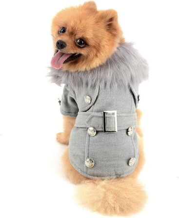 Зунеа Тепла куртка для тварин Pea Coat для цуценят, флісова куртка, жакет для маленьких собак і котів, зимовий парка, вітрозахисний, з штучним хутром, європейський стиль, сірий, великий розмір