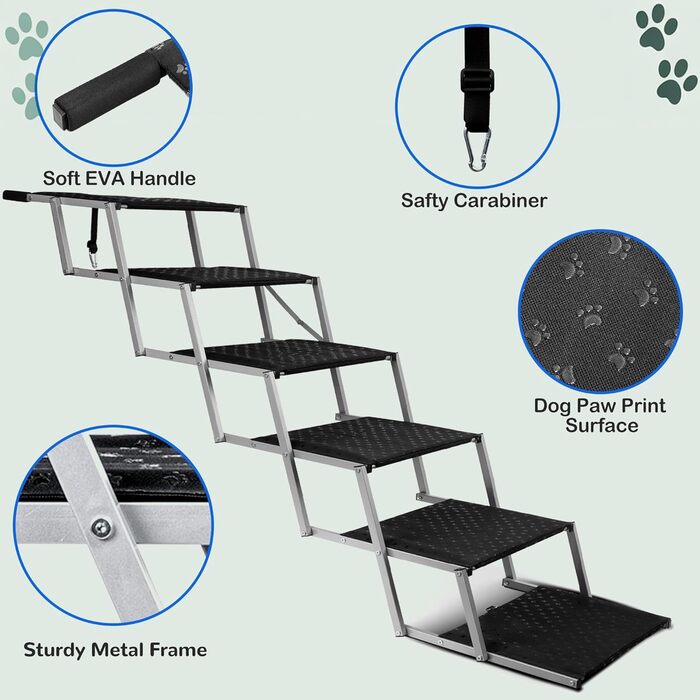 Сходинки для собак у машину, складні - до 113 кг, для великих собак, з антиковзким покриттям (метал та тканина, 6 ступенів, срібний)