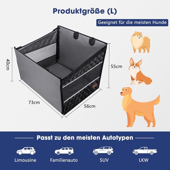 Автокрісло для собак MixJoy: стабільне, вологостійке, з кріпленнями для середніх та великих собак (сірий)