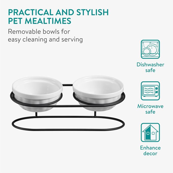 Керамічна миска для кота Navaris з чорним металевим підставкою - піднята миска для котів - об'єм 150 мл - підходить для мікрохвильової печі та мийки - миска для котів - миска для корму для котів