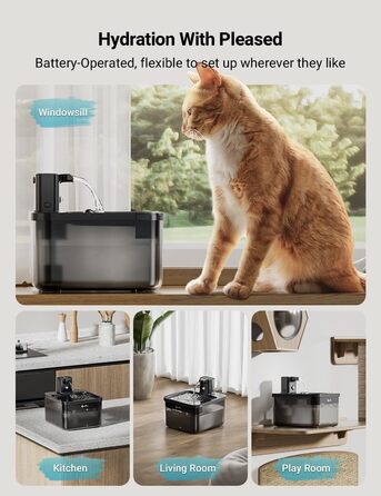 Автоматичний котячий фонтан DownyPaws, 2,5 л, бездротовий, з датчиком руху, BPA-free, чорний, 6 фільтрів