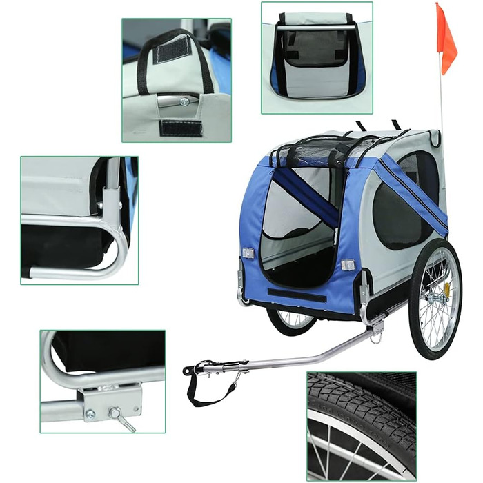 Фаррад-причіп для собак, складний, з оксфордської тканини з відбивачами, 73 × 90 × 137 см, вантажопідйомність 40 кг, 4 кольори (блакитний)