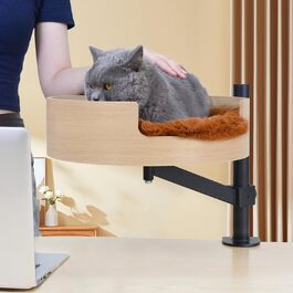Котяче ліжко-гамак для столу ZBUQ, дерев'яна чаша, 360° обертання, регулювання висоти, світло-коричневе, з килимком для домашніх тварин